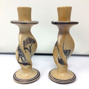 Vintage carved soap stone carved turned candle sticks.